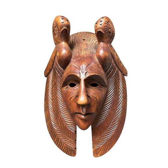 Mayan Bird Mask Hand Carved 18 Inches Long 10 Across 5 Tall Dark Wood - Picture 1 of 4